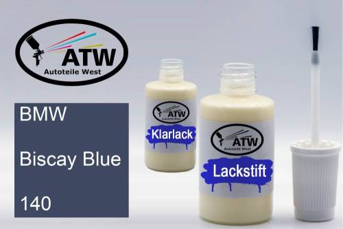 BMW, Biscay Blue, 140: 20ml Lackstift + 20ml Klarlack - Set, von ATW Autoteile West.